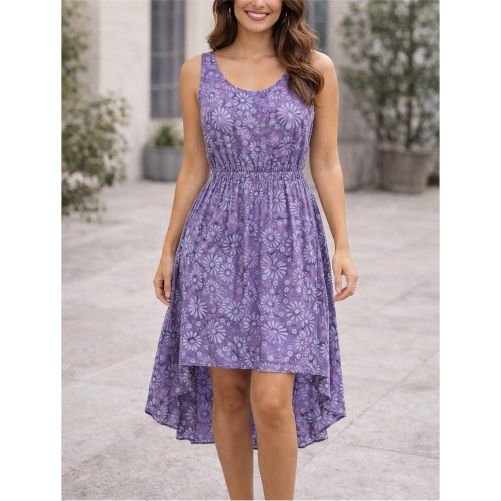 Batik Bali Floral High Low Dress Women’s S Purple Blue Rayon Resort